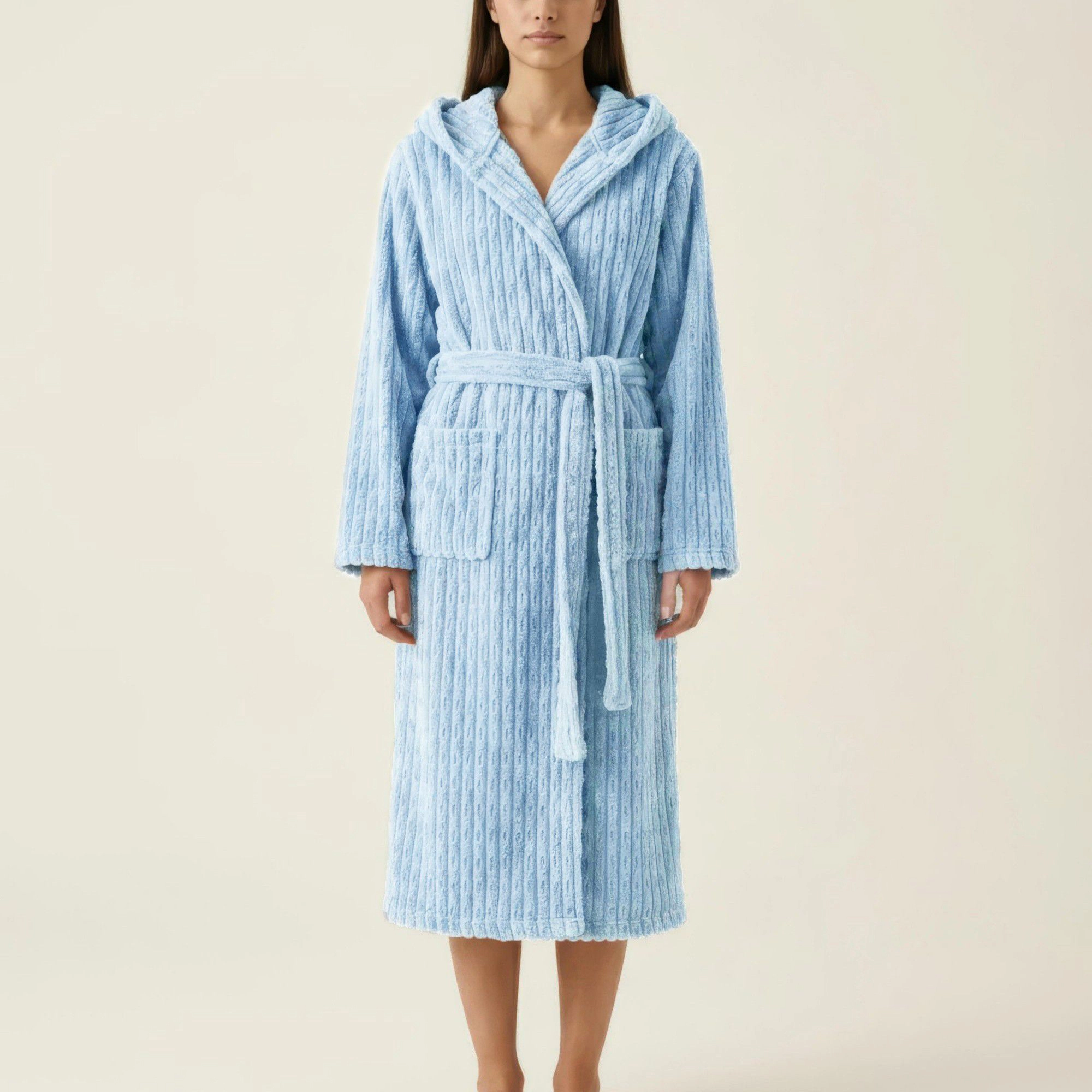 Anna-Kaci Women's Hooded Plush Long Robe with Tie Waist Belt Textured Soft Warm Full Length Bathrobe