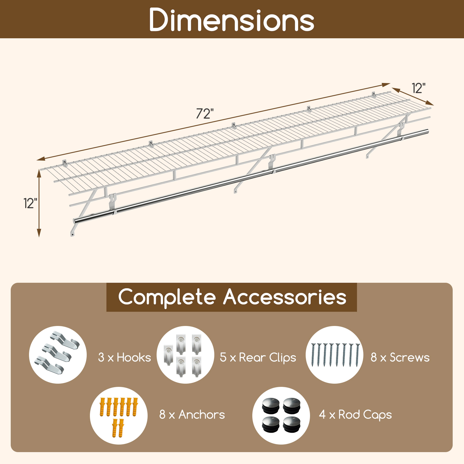 SUGIFT 72-in Wall-Mounted Metal Closet and Shoe Rack Shelf with Hanging Rod 44-lb Shelf 11-lb Rod Capacity White 1-Pc