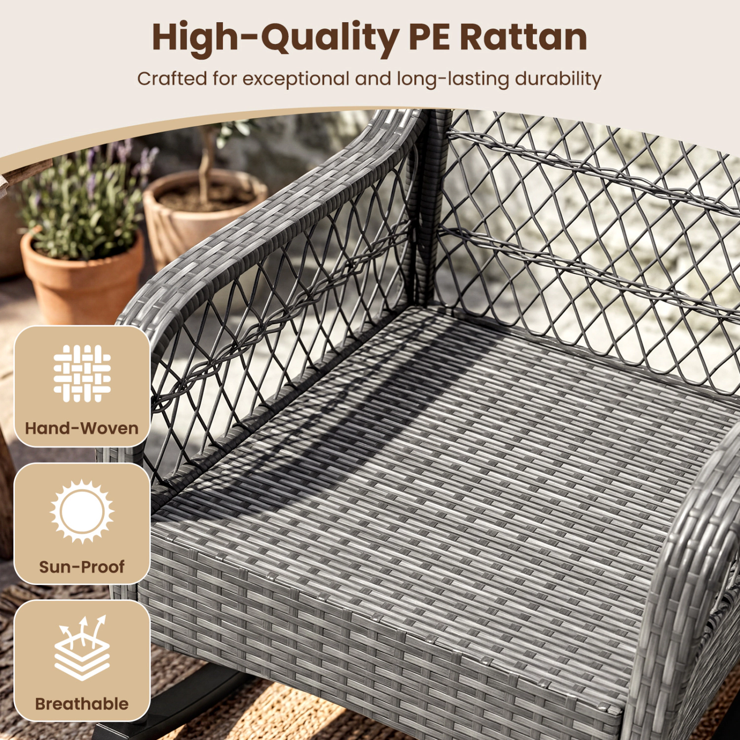 Hivvago 400 Lbs Patio Rattan Rocker Chair With Anti-Tip Stoppers And Thick Cushions For Porch