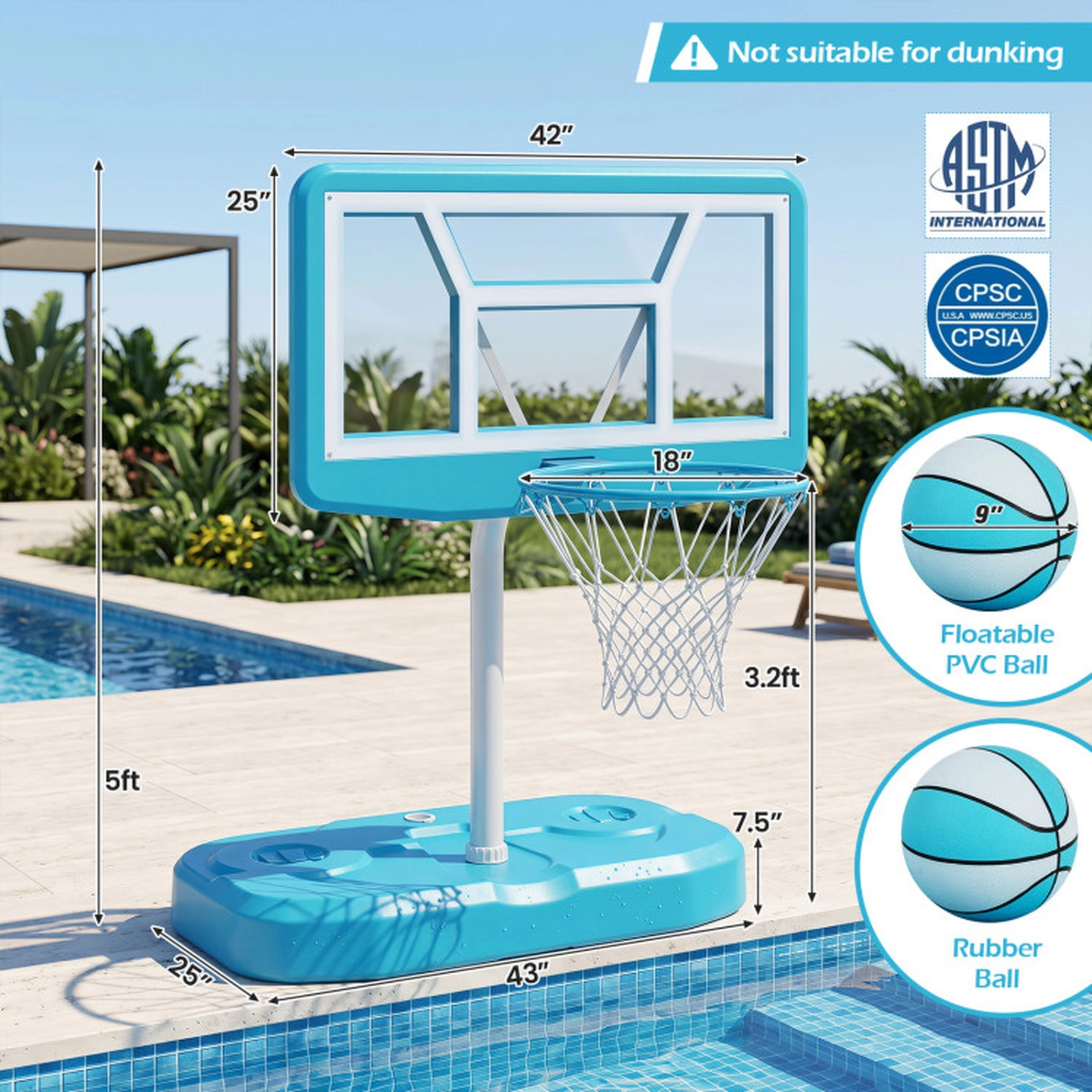 SUGIFT Shatterproof 42-in Backboard 18-in Rim Pool Basketball Hoop Set with Fillable Base 2 Balls and Pump