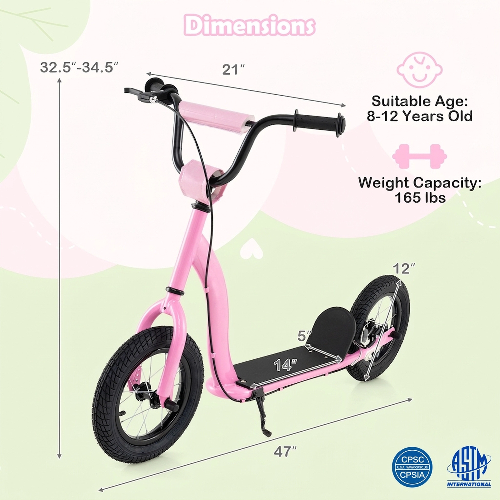 SUGIFT Pink Kick Scooter, 12-Inch Inflatable Rubber Wheels, Adjustable Handlebar, 165 lb Capacity