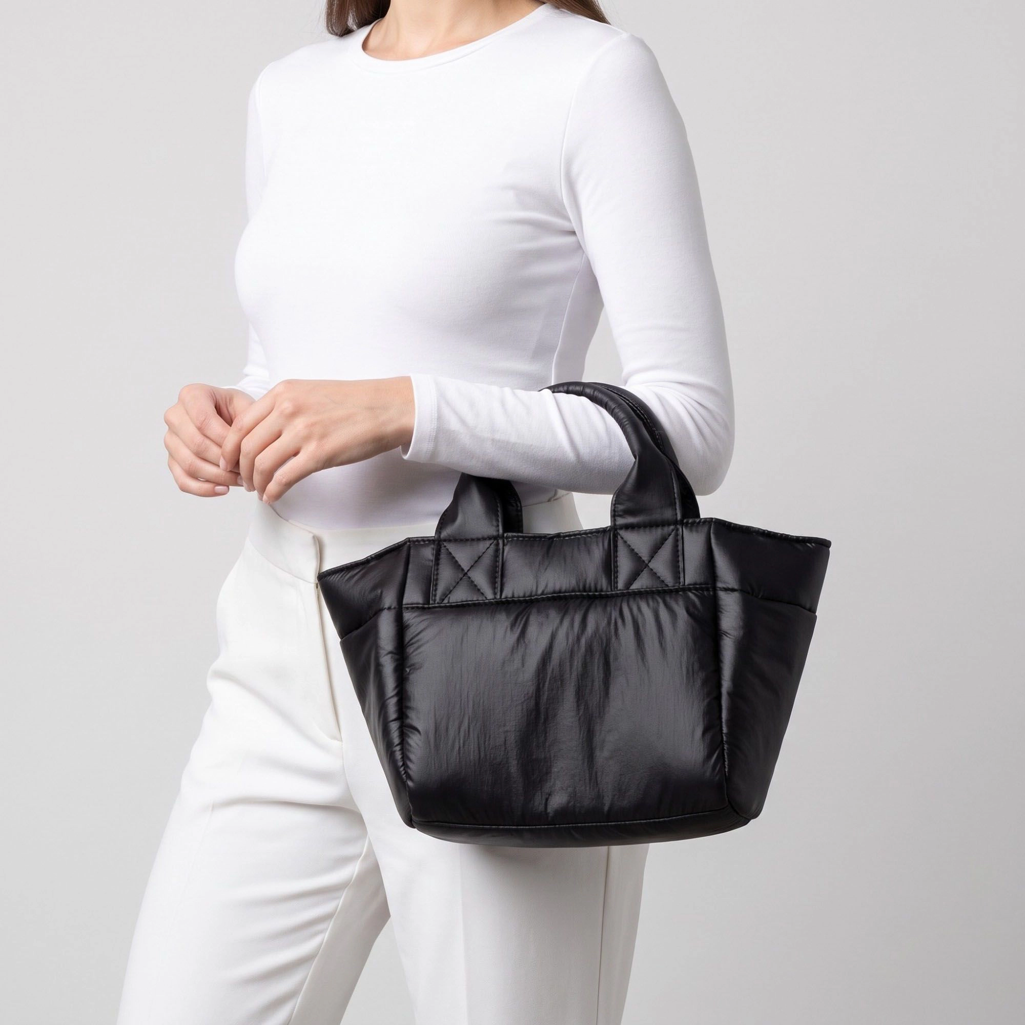 Alilang Women's Padded Puffer Tote Bag with Rounded Top Handles and Exterior Front Pocket 13x6.5x4in