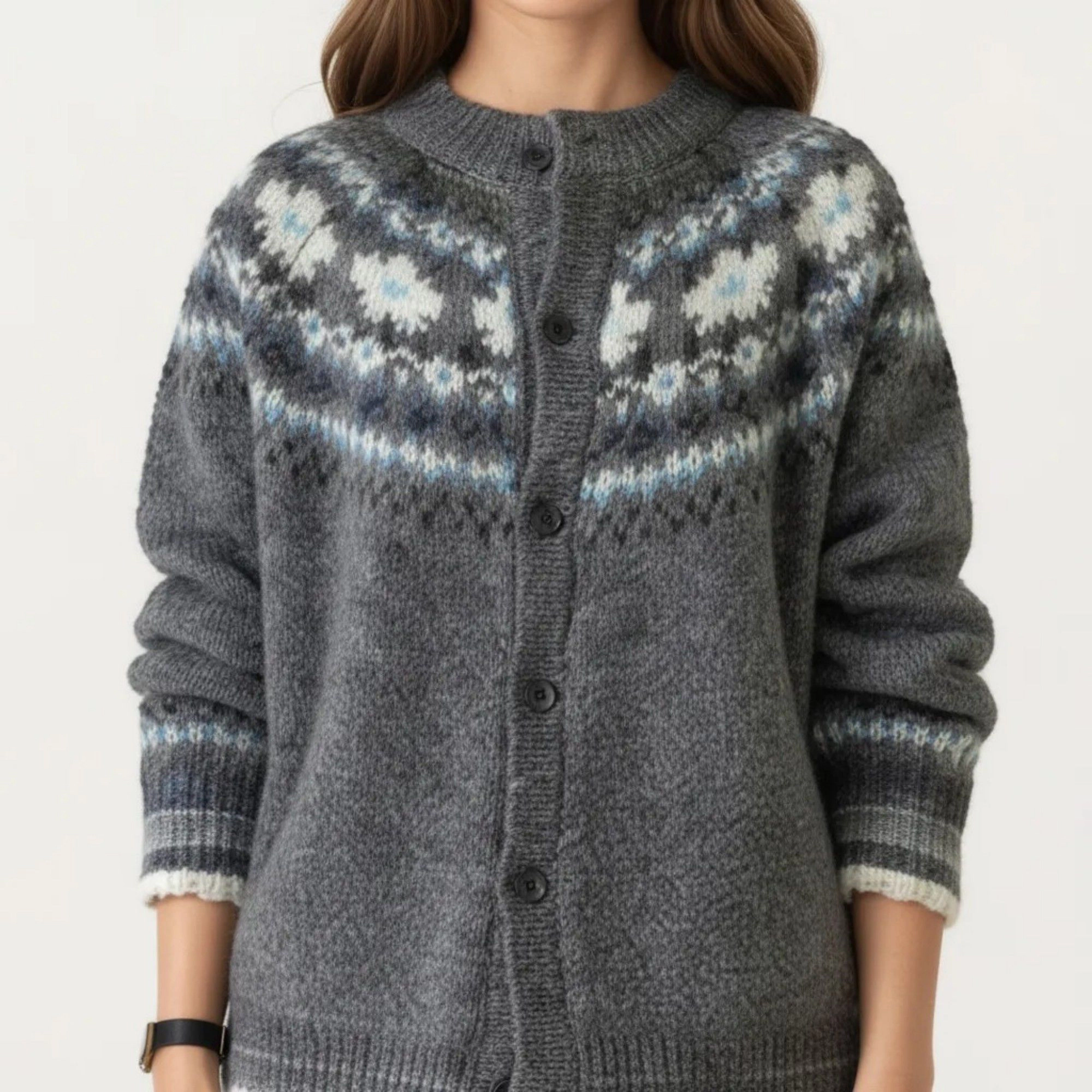 Anna-Kaci Women's Button Front Knit Cardigan with Crew Neckline and Nordic Inspired Pattern Detail