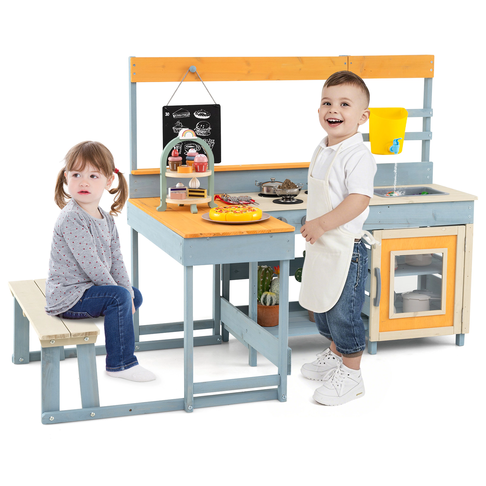 LJG Fir Wood Play Kitchen with Kids Picnic Table and Built-in Bench