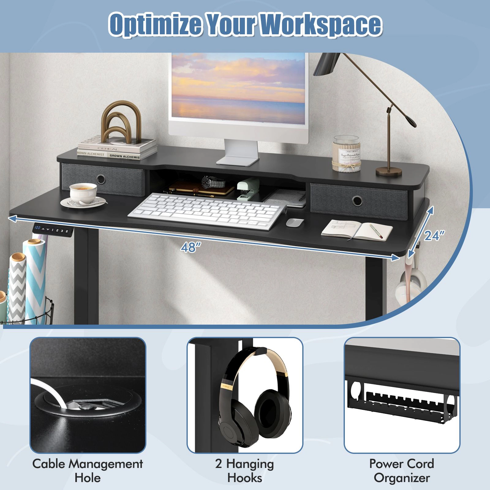 SlickBlue Electric Sit Stand Desk with Memory Control and Drawers