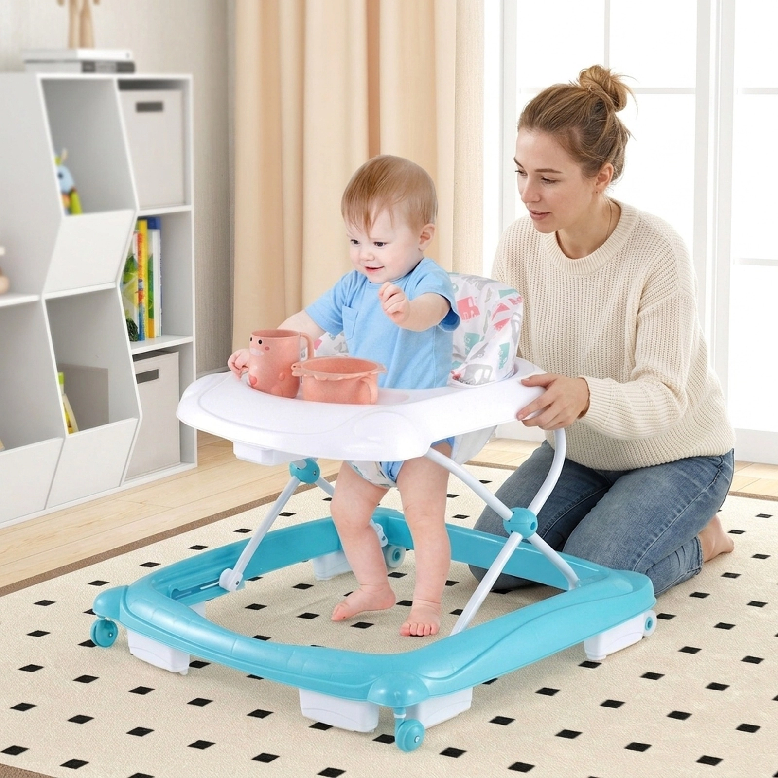Foldable 3-Height Adjustable Baby Walker with Music Tray Padded Seat and Universal Wheels Green Sit-in Walker
