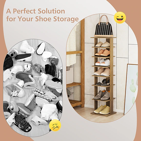 Glintex 7-Tier Narrow Shoe Tower with Classified Shelf Spacing for Entryways, Natural