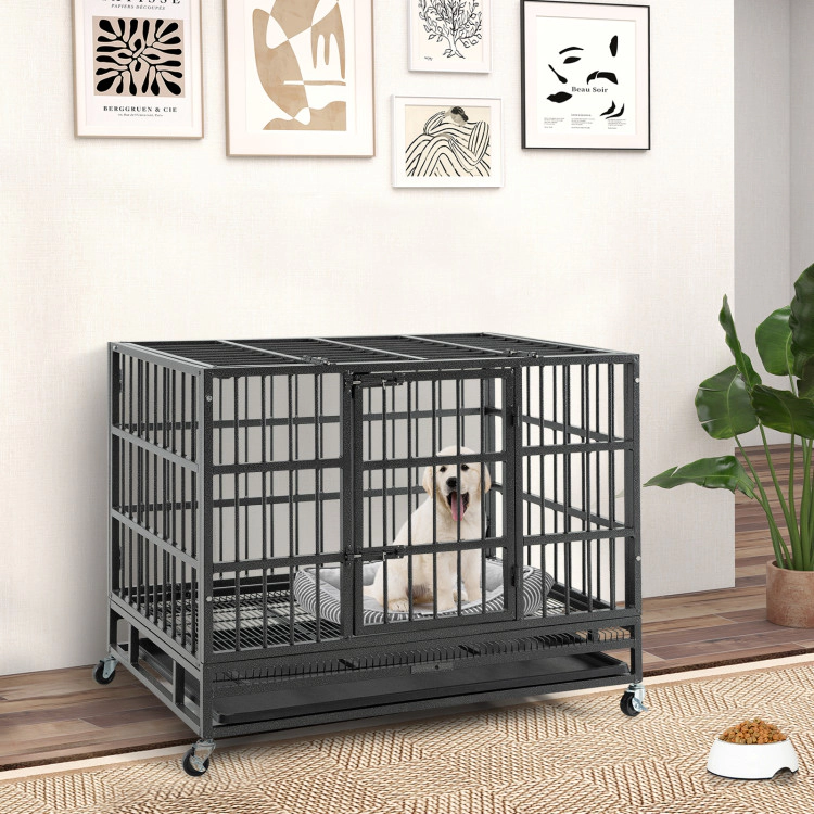 SUGIFT Black 38-in Foldable Heavy Duty Metal Dog Cage with Lockable Rolling Casters and Pull-Out Tray