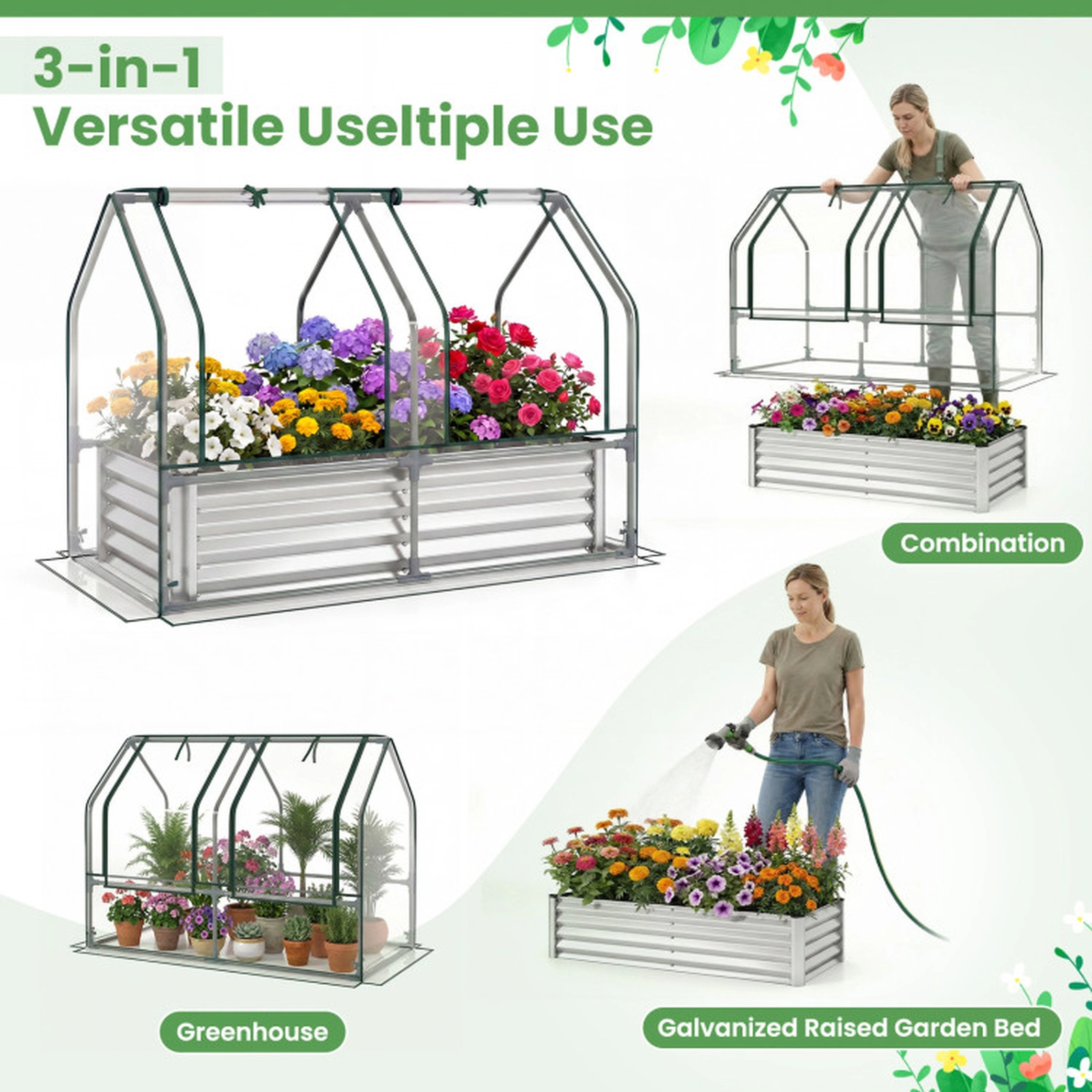 SUGIFT 4-ft x 2-ft 57-gal Compact Galvanized Raised Garden Bed with Tear-Resistant PVC Greenhouse Cover