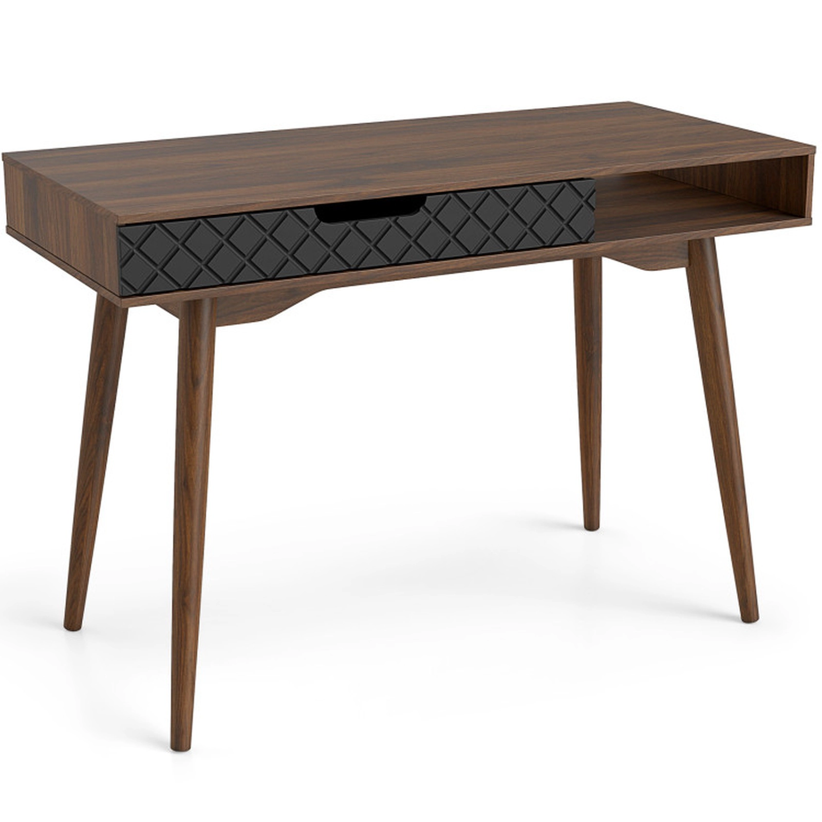 SUGIFT Mid-Century Modern Computer Desk with Drawer and Open Compartment 110-lb Desktop Capacity Brown & Black
