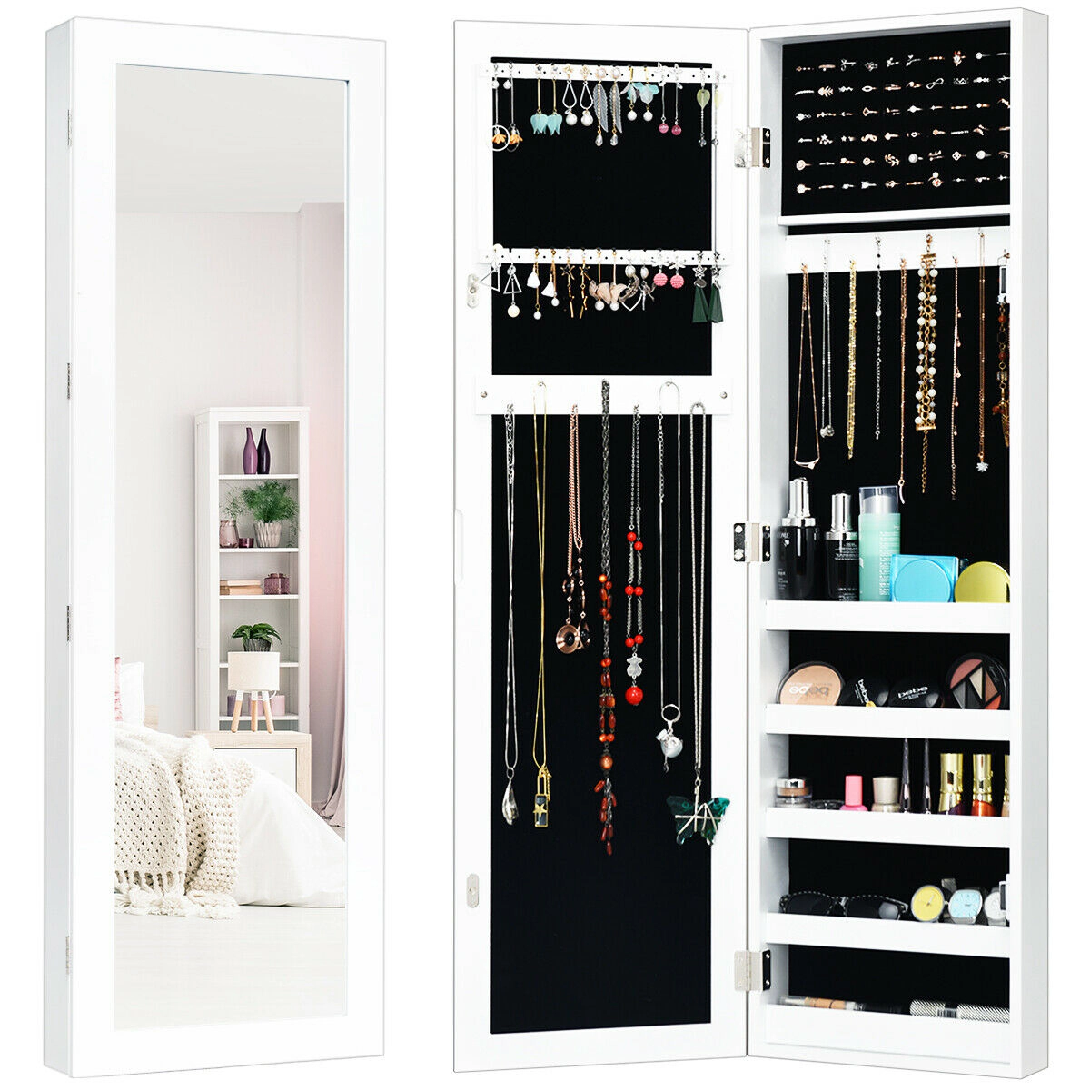 Glintex Compact Jewelry Cabinet with 38-Inch Mirror and Anti-Sway Sticker, White