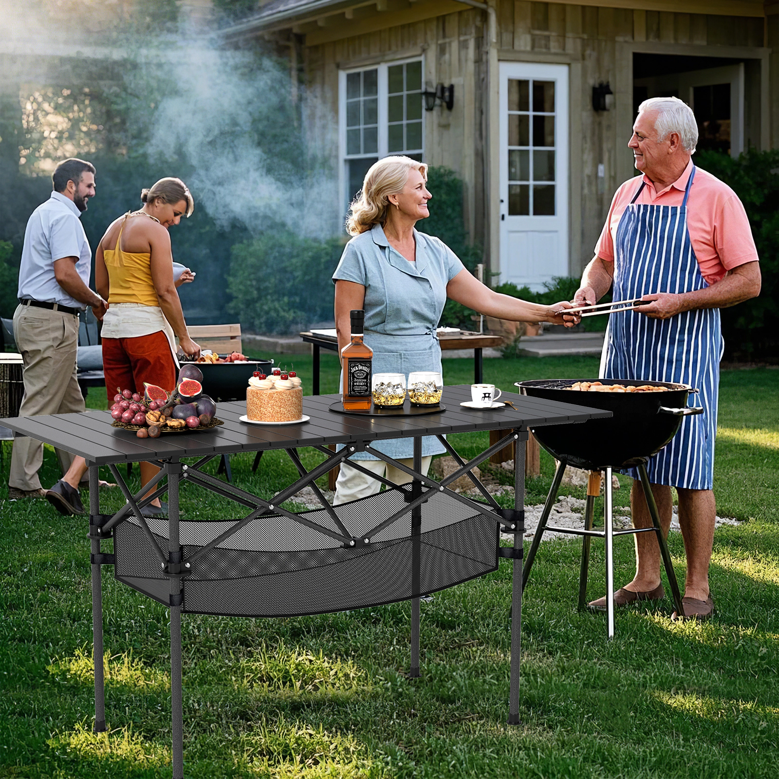LJG Patio Folding Camping Table with Roll-up Tabletop and Mesh Basket
