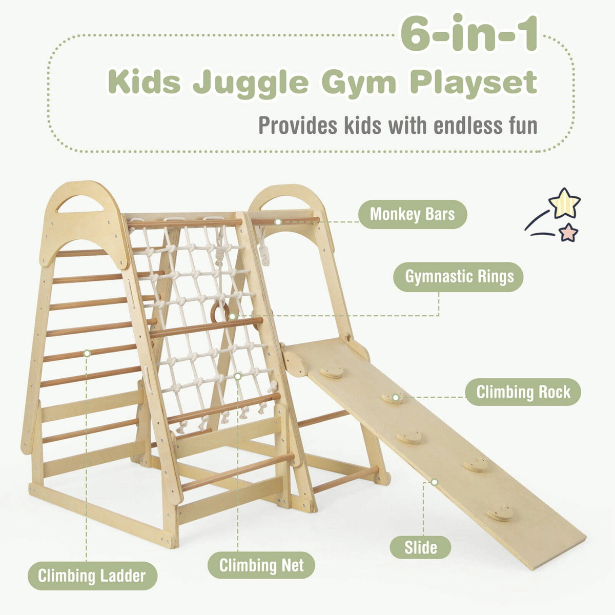 SUGIFT Natural Slide Climbing Net and Monkey Bars 6-in-1 Wooden Kids Jungle Gym Playset