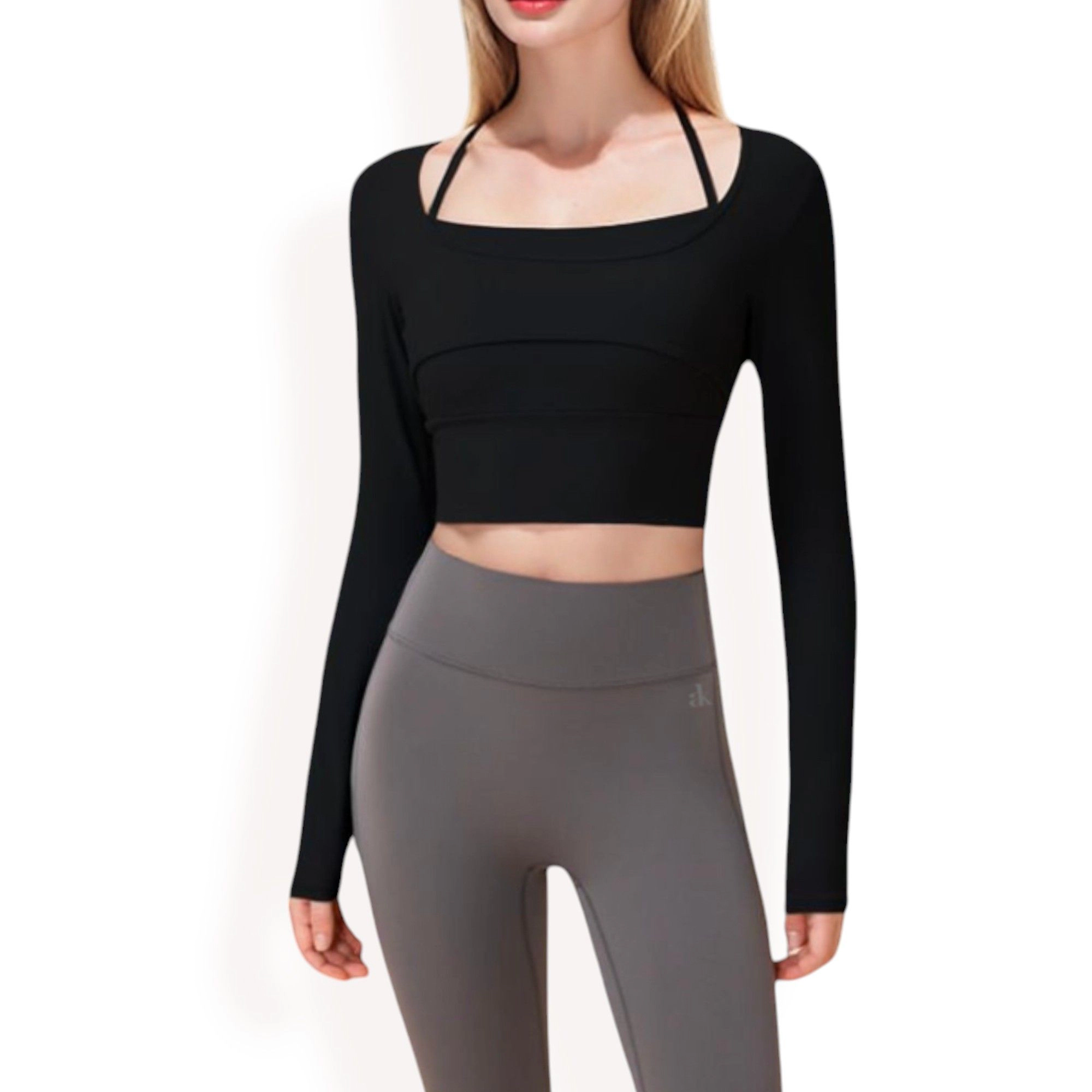 Anna-Kaci Women's Long Sleeve Square Neck Cropped Activewear Top with Fitted Design - Small, Black