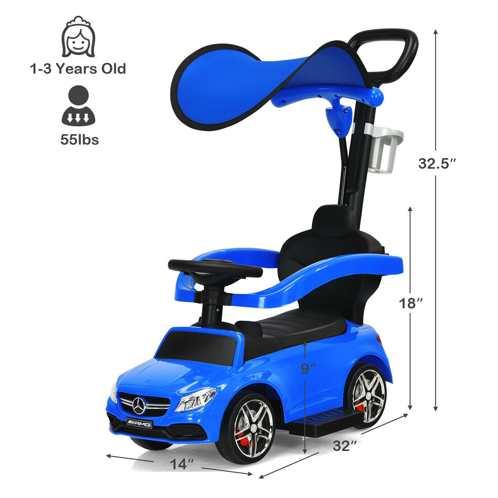 SUGIFT 3-in-1 Ride-On Push Car Mercedes-Benz Sliding Car Canopy 55-lb Capacity Ages 18-36 Months Black Navy Pink