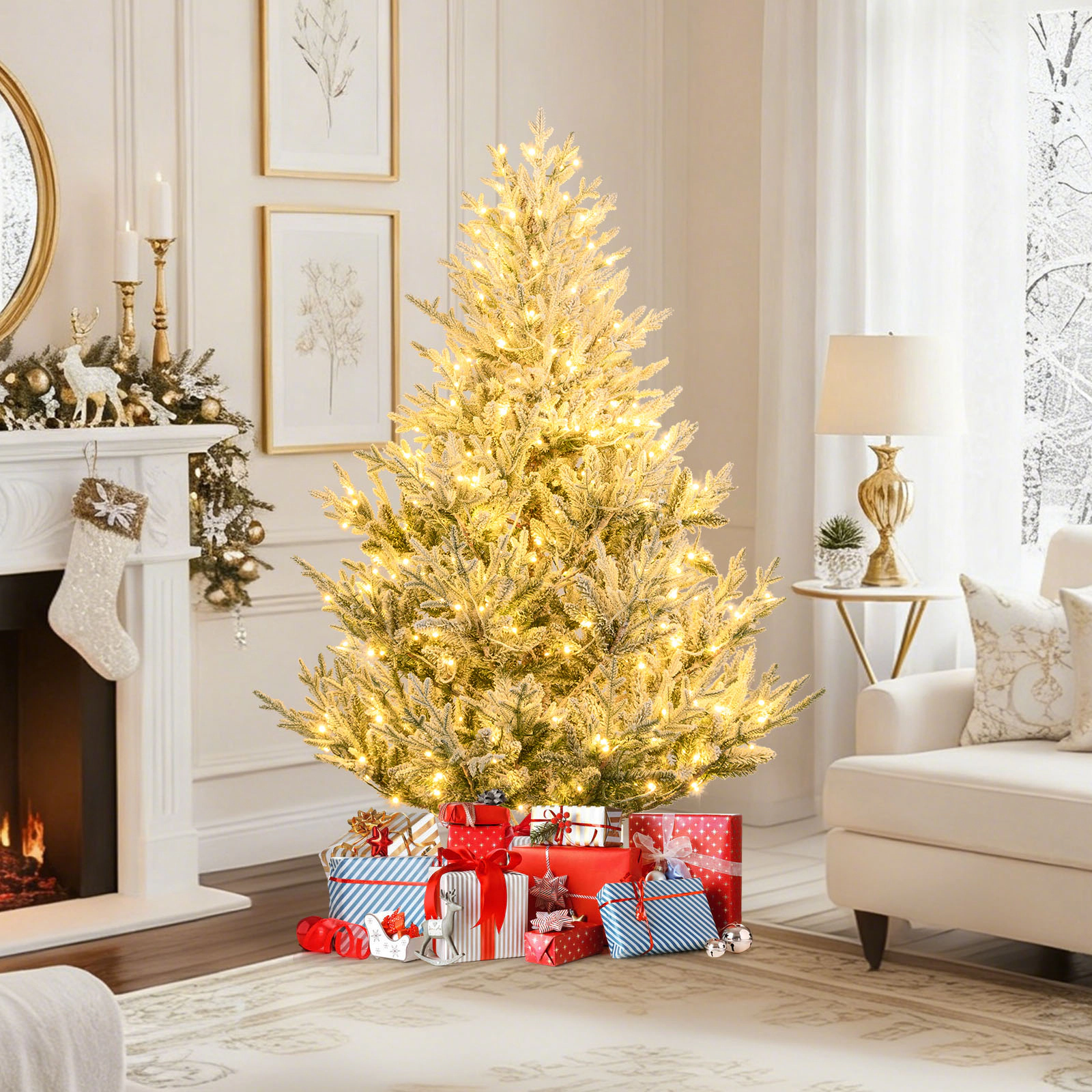 SUGIFT Snow Flocked Pre-Lit Artificial Christmas Tree with 13 Lighting Modes Hinged Branches 6 Feet Green