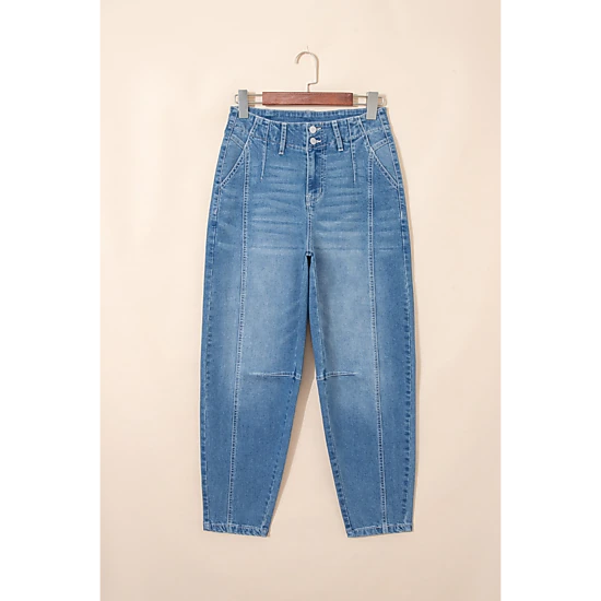 Threaded Pear Womens Hana Wash Cuffed Barrel Jeans - Mid Rise Sky Blue