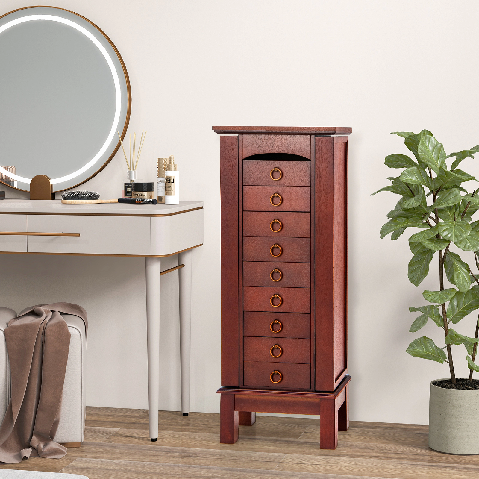 SUGIFT Large Capacity Jewelry Storage Cabinet with 9 Drawers Flip-Top Mirror 16-in Wide MDF Glass Walnut