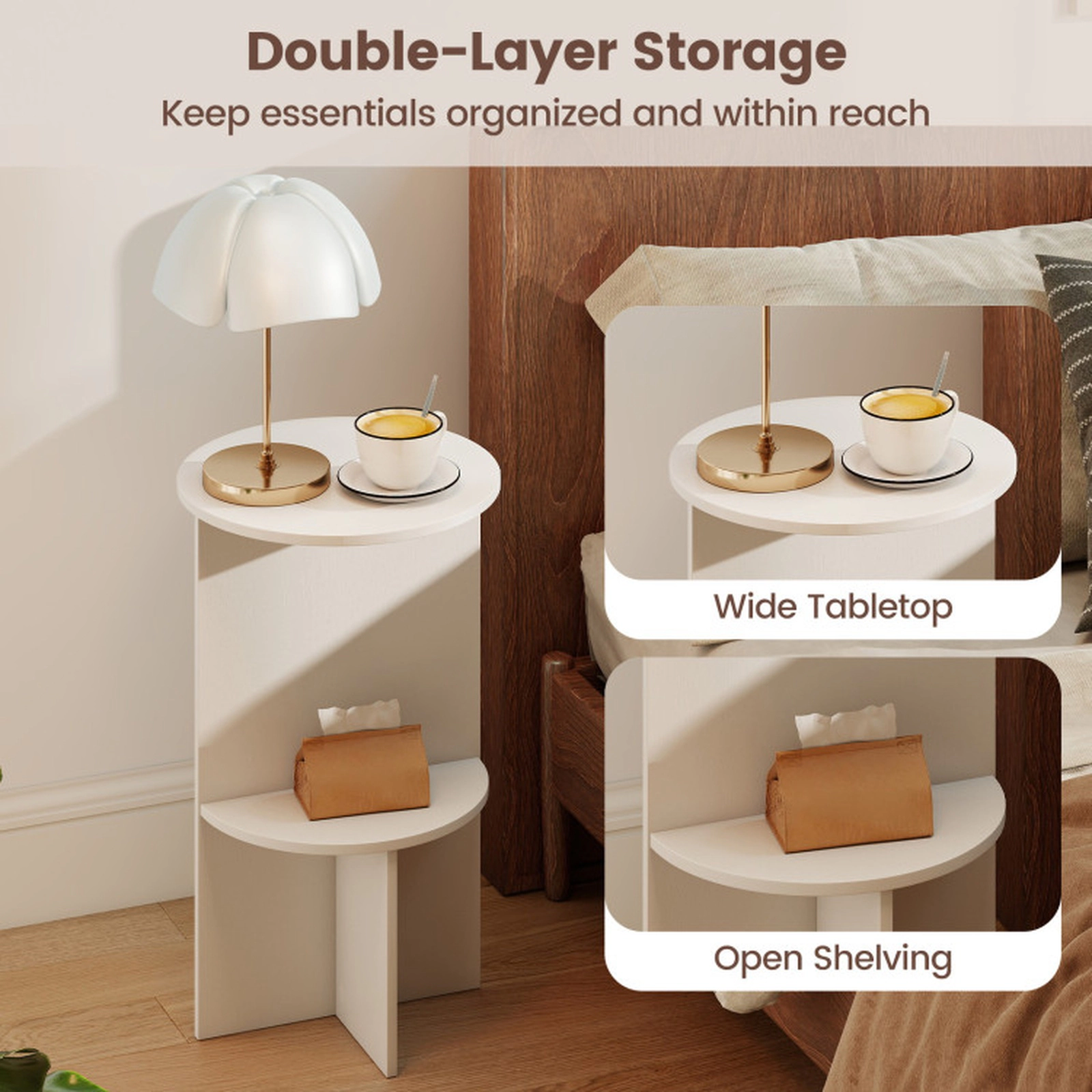SUGIFT 2-Tier Round Side Table Storage Shelf 66-lb Tabletop Capacity 33-lb Shelf Capacity Small-Space Accent Table White
