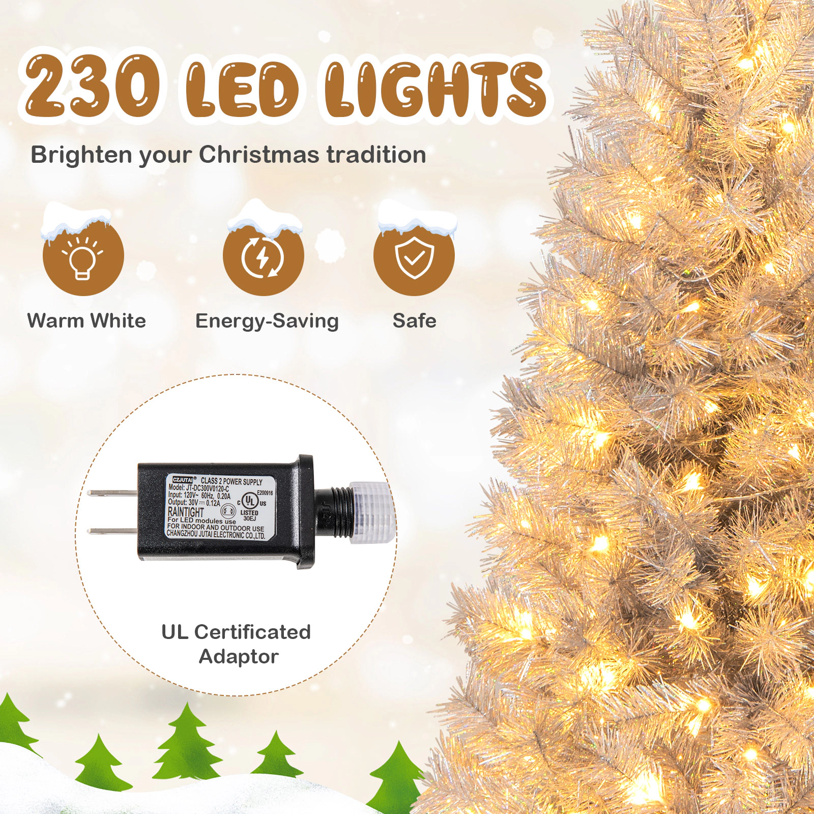 SUGIFT Silver Tinsel Artificial Xmas Tree with Branch Tips and Warm White LED Lights 6 ft Silver