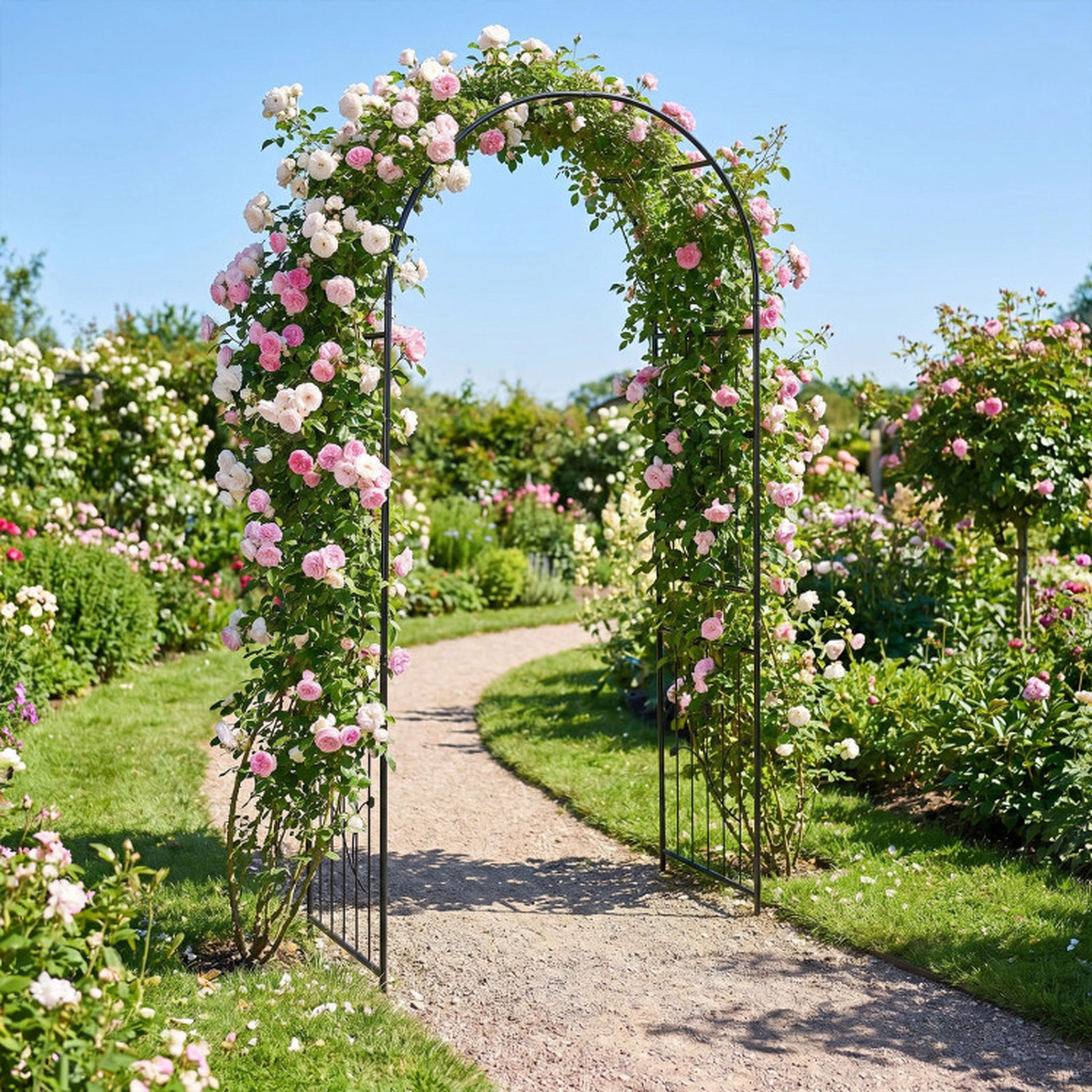 SUGIFT 87-in Black Powder-Coated Metal Garden Arch Arbor Trellis with Reinforced Crossbars and Slats