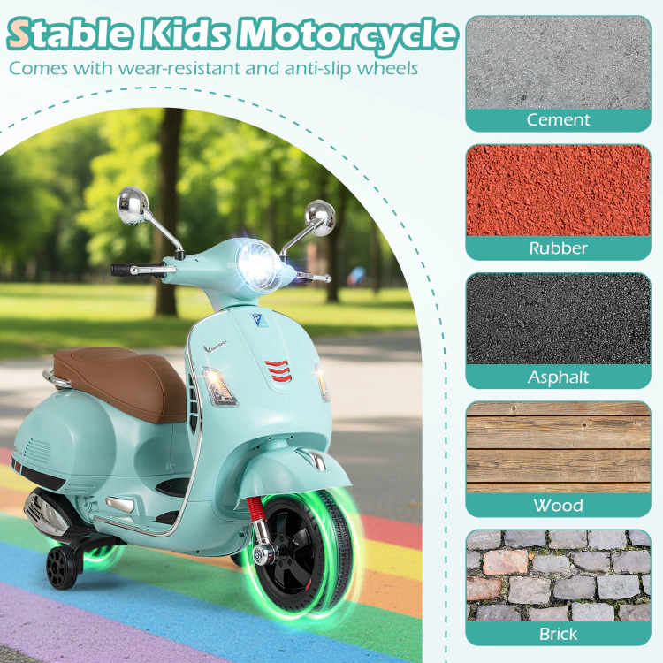 Hivvago 12V Kids Electric Motorcycle Licensed VESPA with Music and Training Wheels