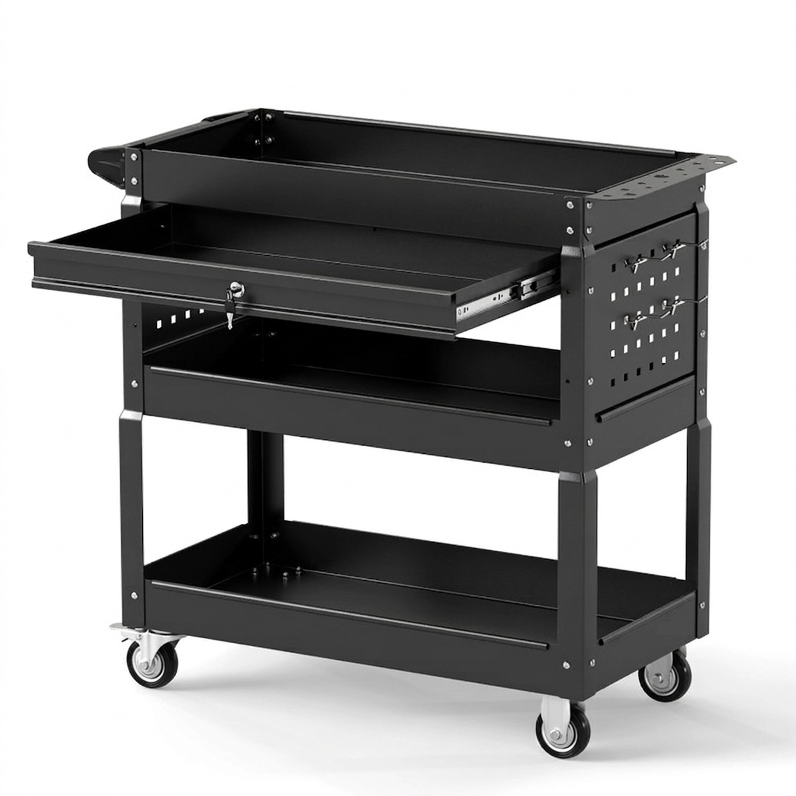 SUGIFT 3-Tier 350-lb Capacity Rolling Tool Cart with Lockable Ball-Bearing Drawer 2 Pegboards and 4 Hooks