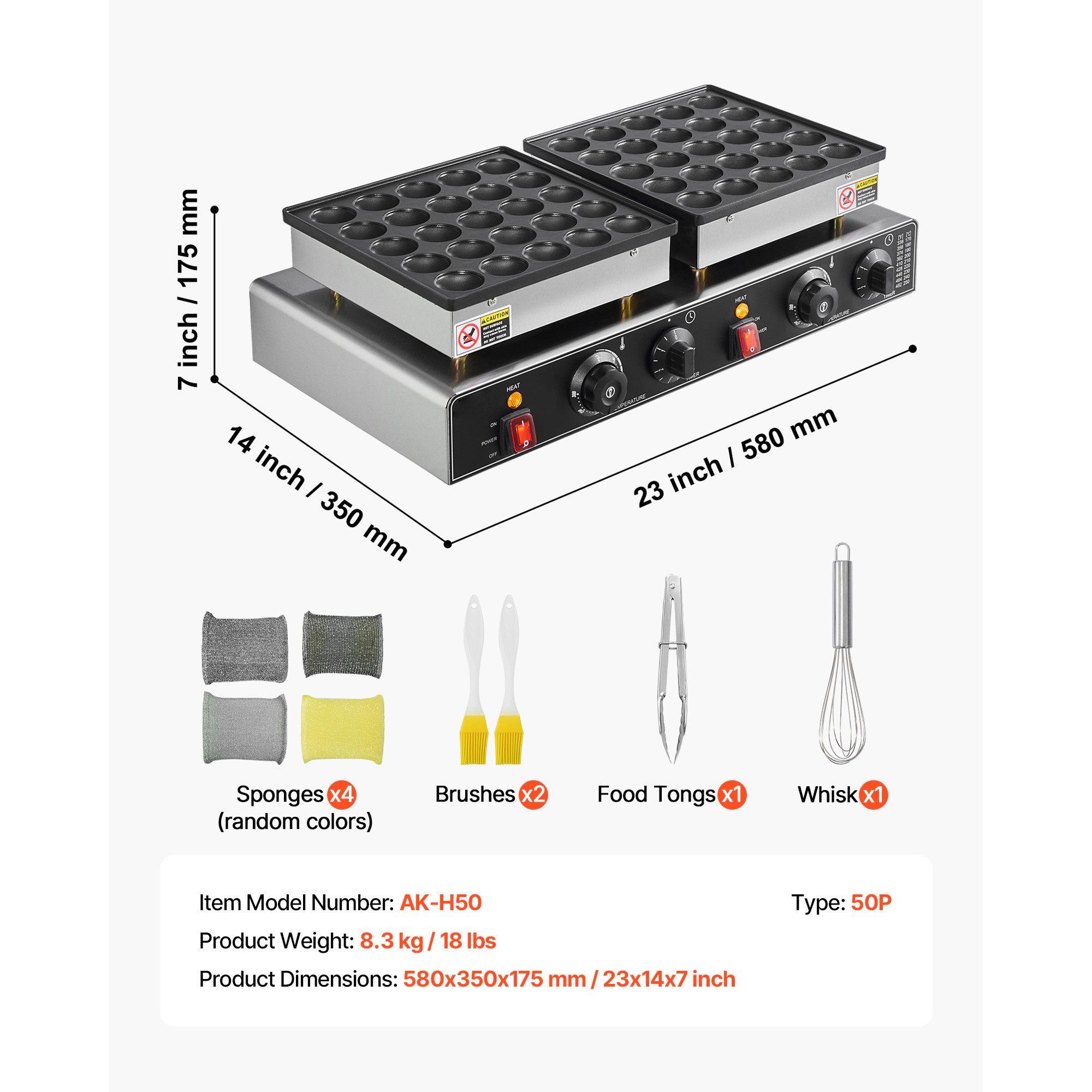 HONGGE Dutch Pancake Maker Non-stick Stainless Steel Dorayaki Baker Commercial Electric Poffertjes Grill Temp & Time