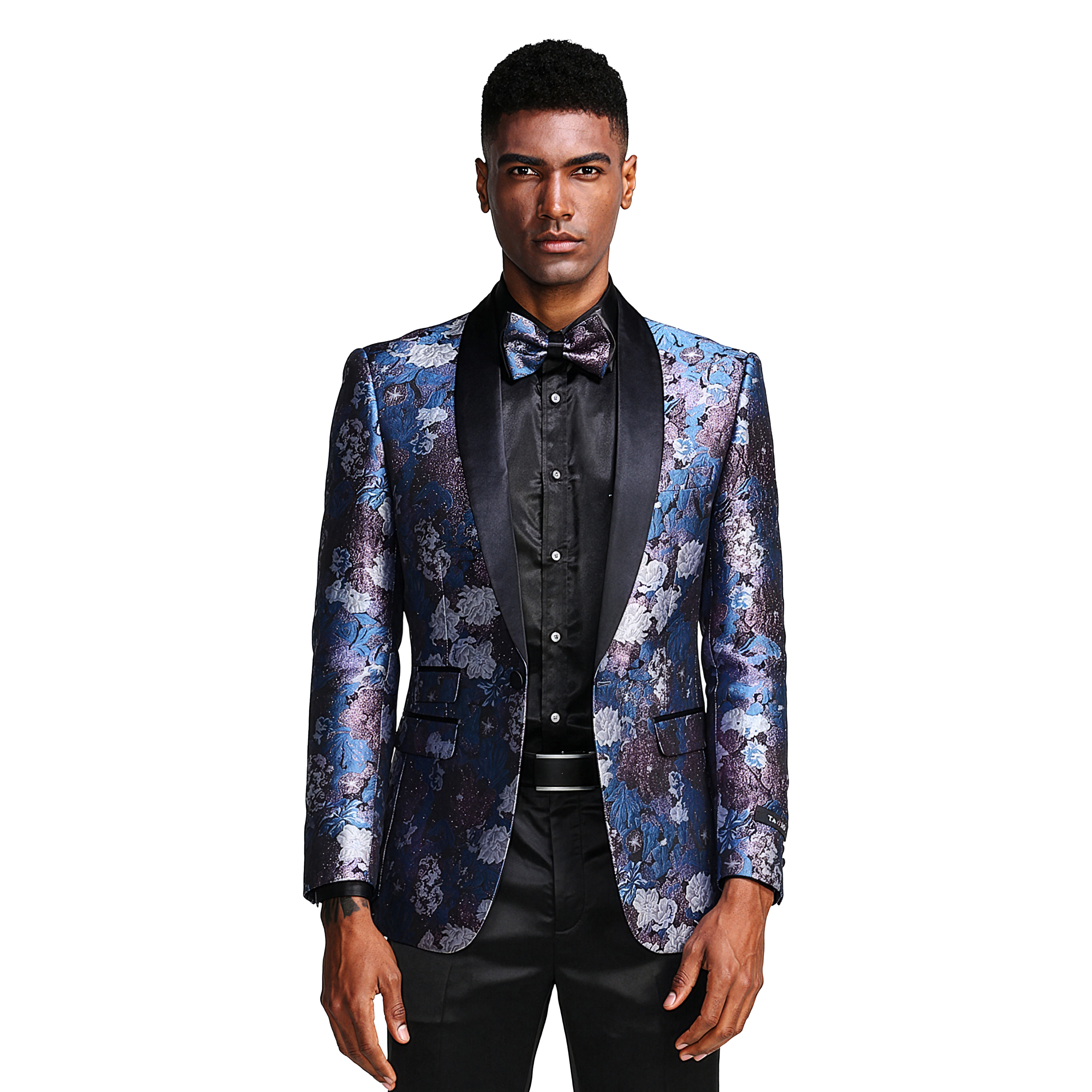 Tazzio Mens Floral Satin Shawl Collar Tuxedo Jacket With Bow Tie