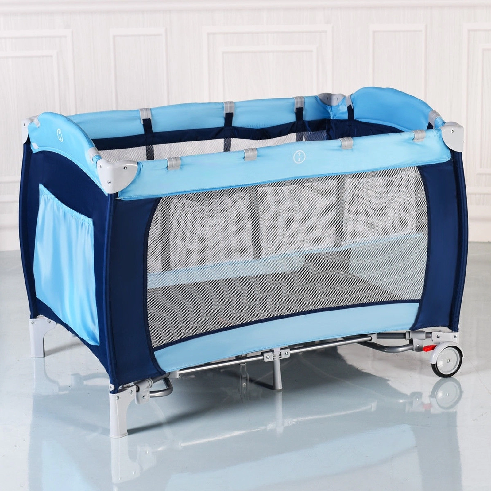 SUGIFT Baby Mosquito Net Bassinet Changing Table Foldable Crib Playard 43.5-in x 31-in x 47.5-in 33-lb Capacity Blue