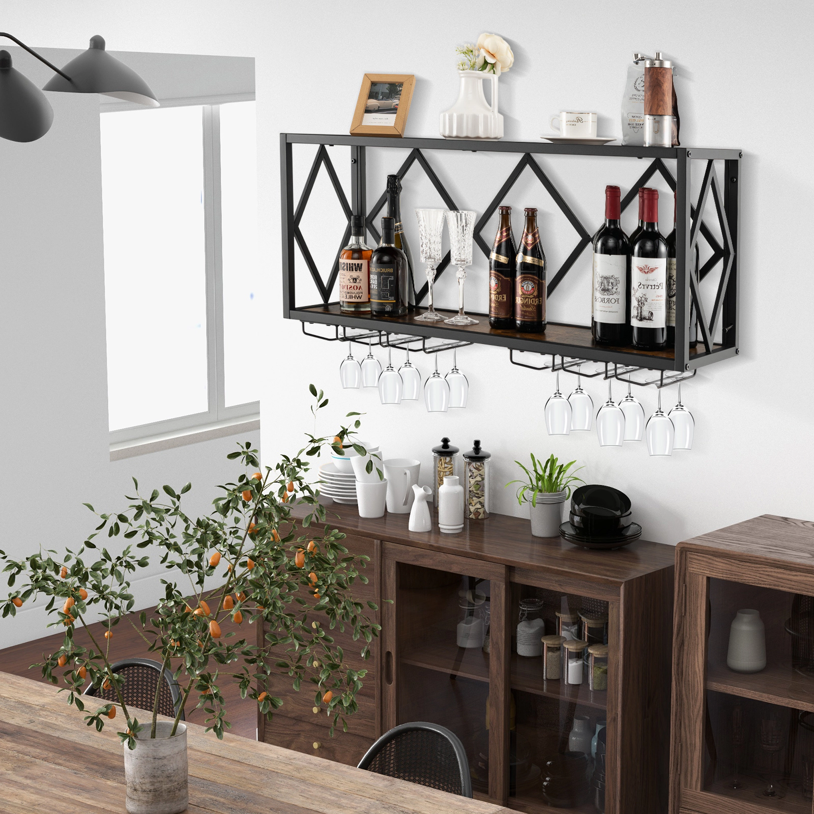 SUGIFT 39.5-in Wall Mounted Wine Rack for 39 Bottles and 12 Glasses with Metal Bar Shelf and Stemware Holder