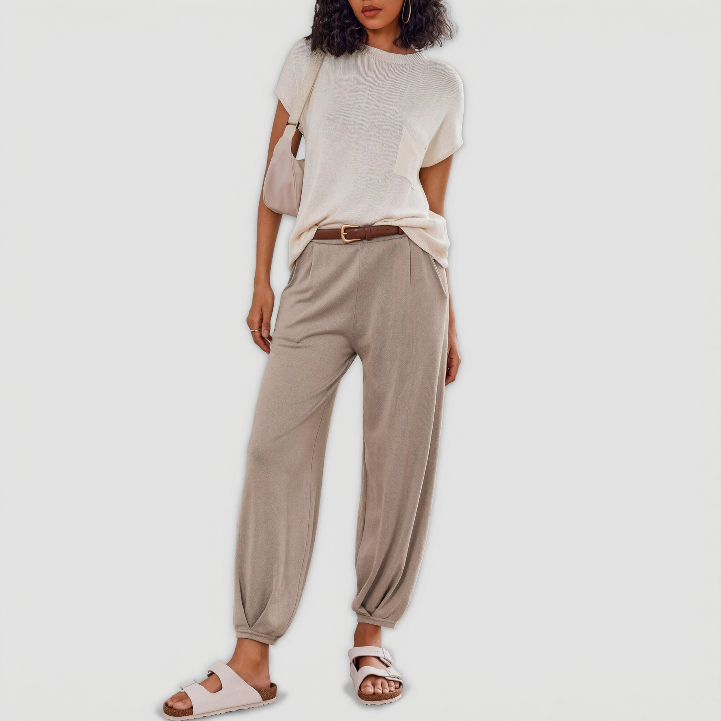 Ekouaer 2 Pc Outfits Lounge Sets for Women Sweater Knit Short Sleeve Tops Jogger Pants