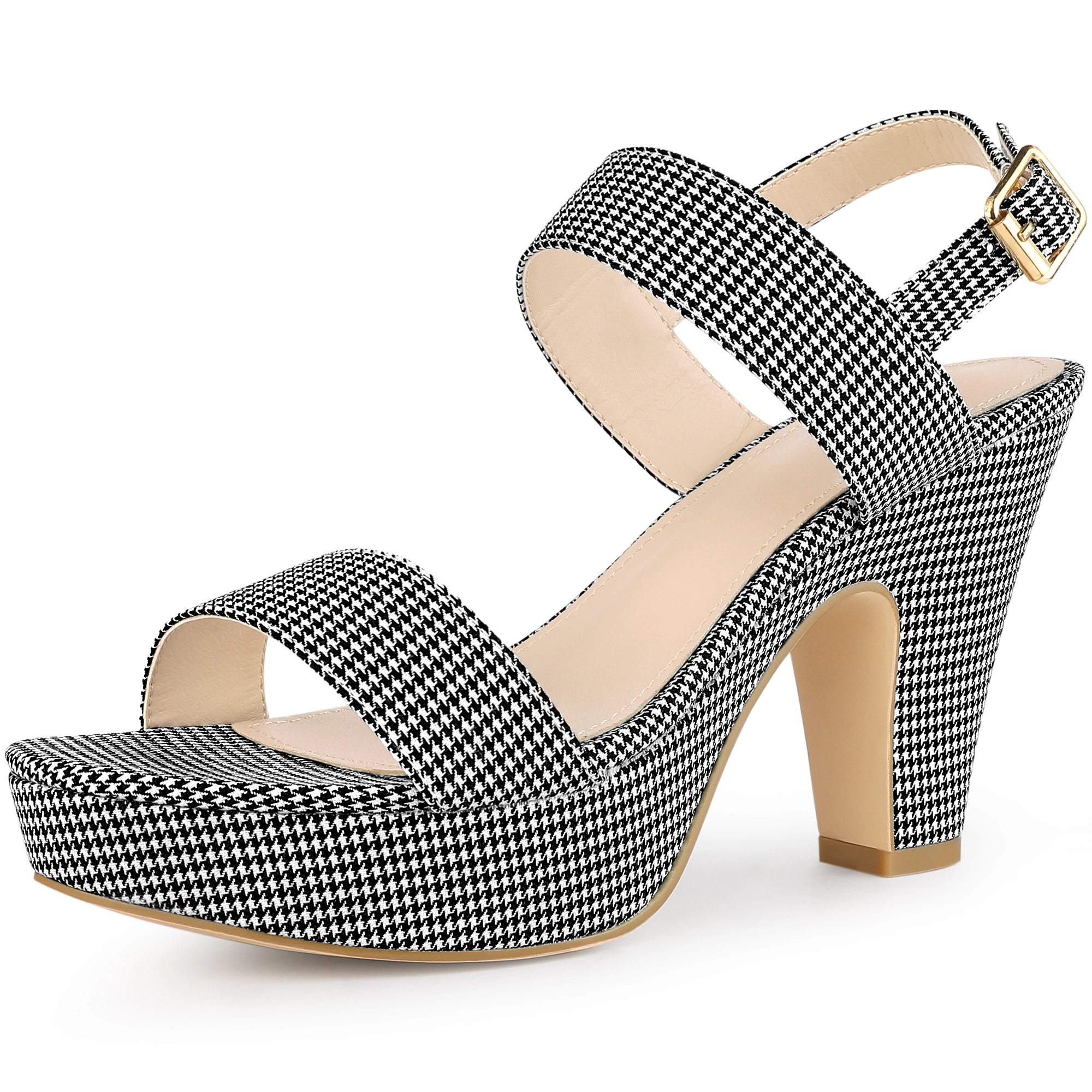 BLISSFUL STEP Women's Houndstooth Plaid Print Platform Chunky Heel Sandals