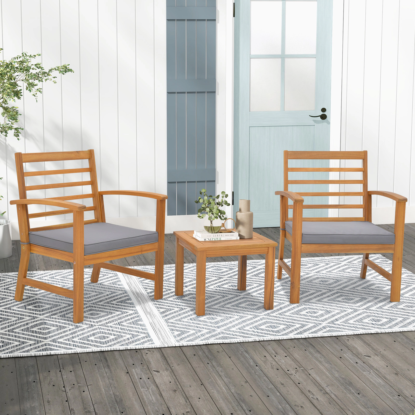 SUGIFT Table and Soft Seat Cushions 3-Piece Acacia Wood Patio Chair Set