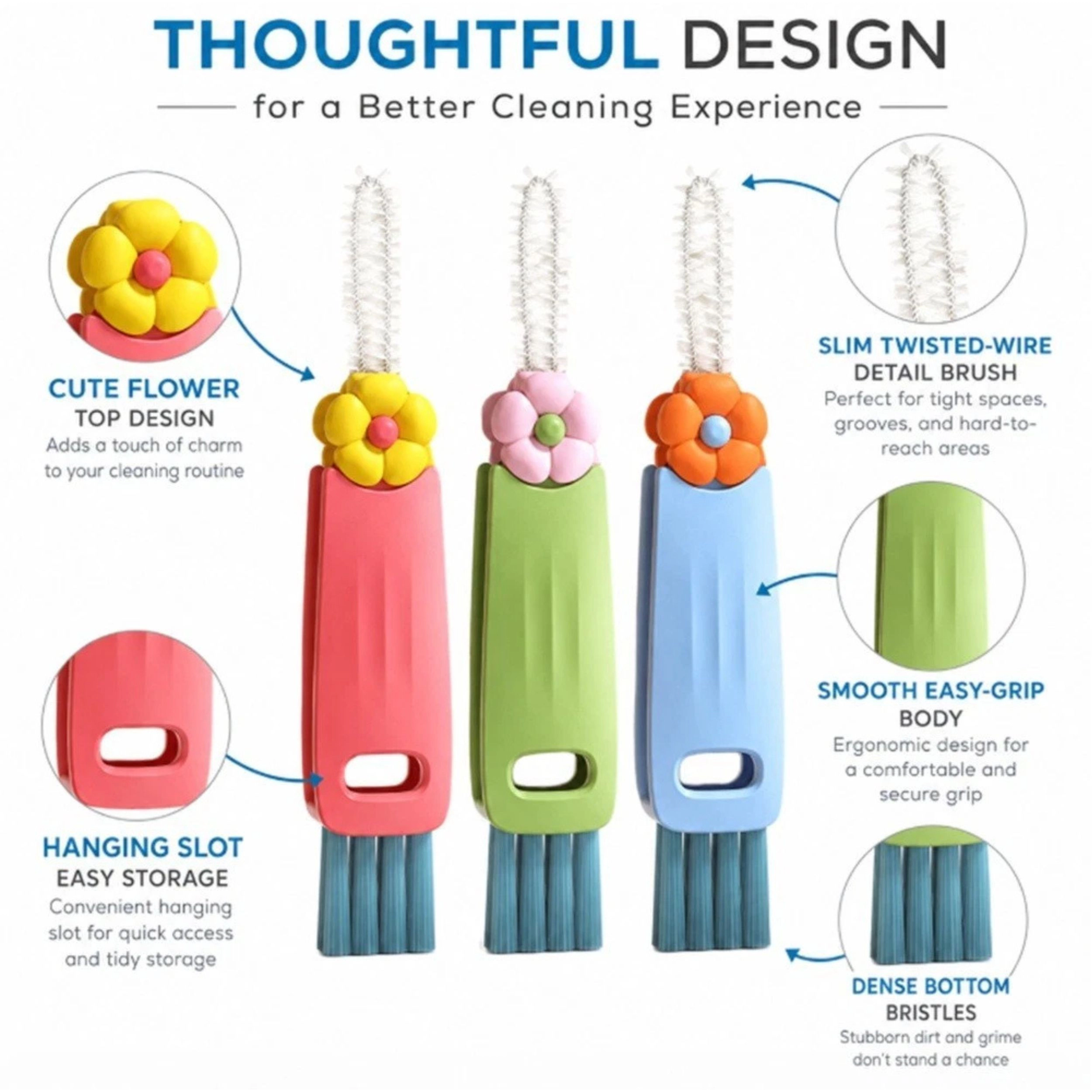 Home Collection Pack of 3, 3-in-1 Bottle Cup Gap Cleaner Brush for Lids & Straws