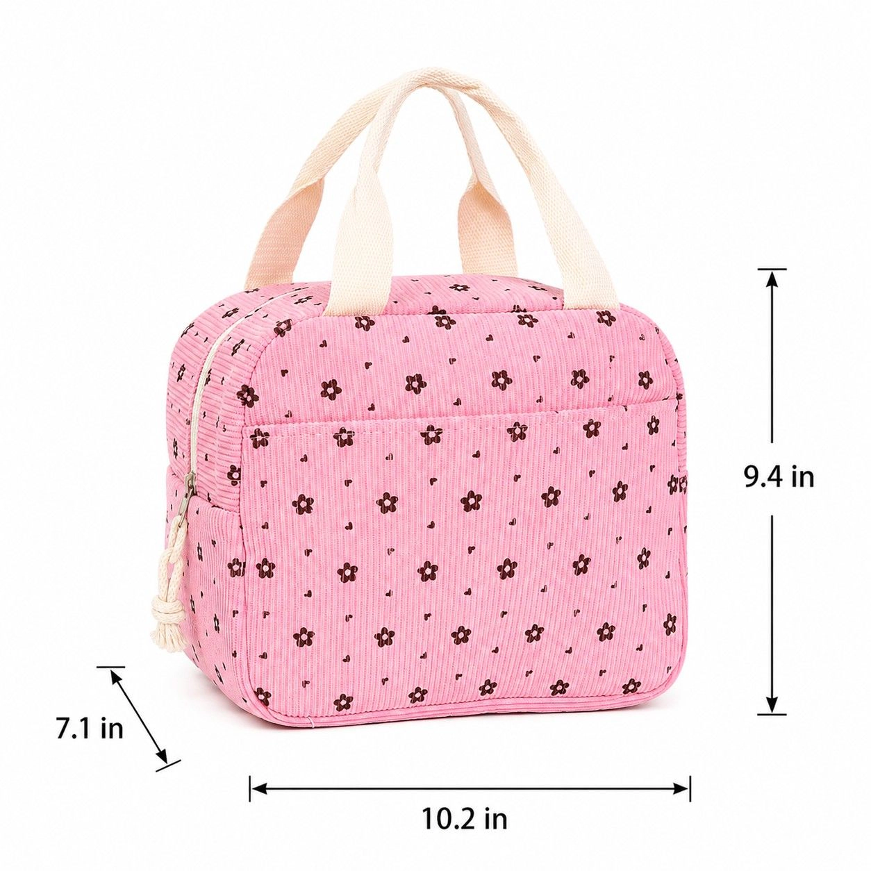 Alilang Women's Floral Corduroy Insulated Lunch Tote Bag with Front Pocket and Zip Closure, Ivory Strawberry