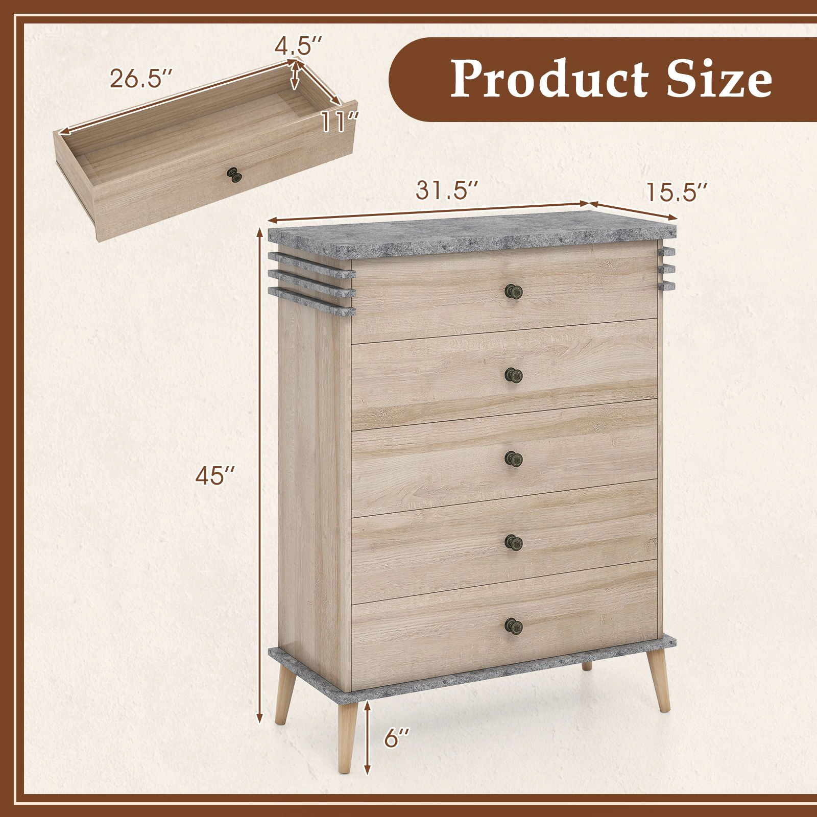 SlickBlue Tall 5-Drawer Bedroom Dresser with Wide Top & Metal Slides