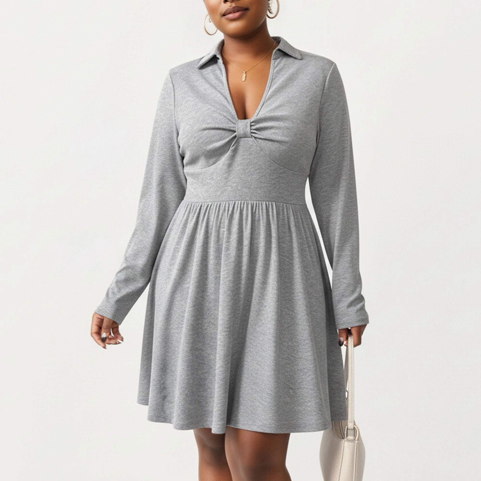 Anna-Kaci Women's Plus Long Sleeve Collared Neck Twist Front Detail Flowy Skirt Knit Dress