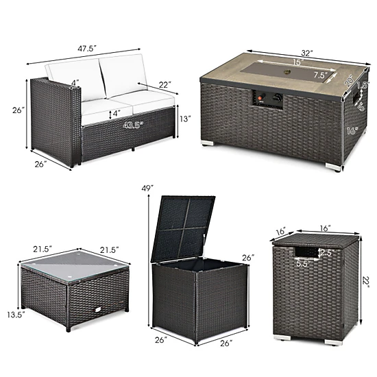 Hivvago 6 Pieces Outdoor Wicker Furniture Set With 32 Inch Propane Fire Pit Table