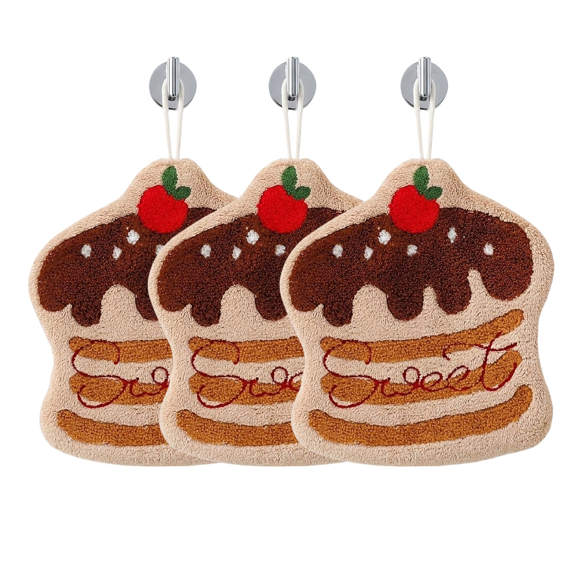 Alilang Unisex 3 Pack Hanging Hand Towels Cute Cake Design Soft Absorbent Kitchen Bathroom