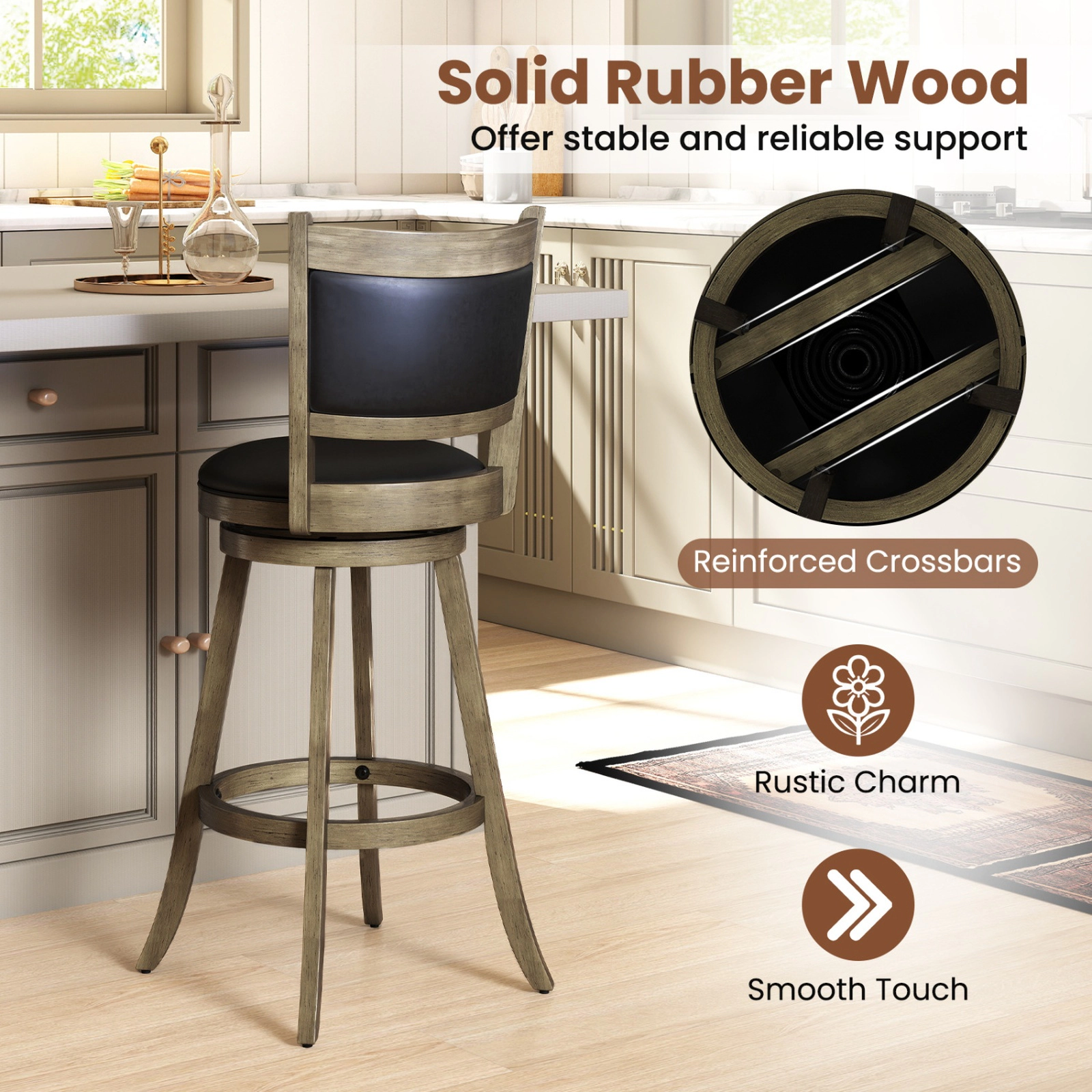 SUGIFT PVC Cushioned Seat and Backrest Set of 2 Gray 29 in Wooden Swivel Bar Stools