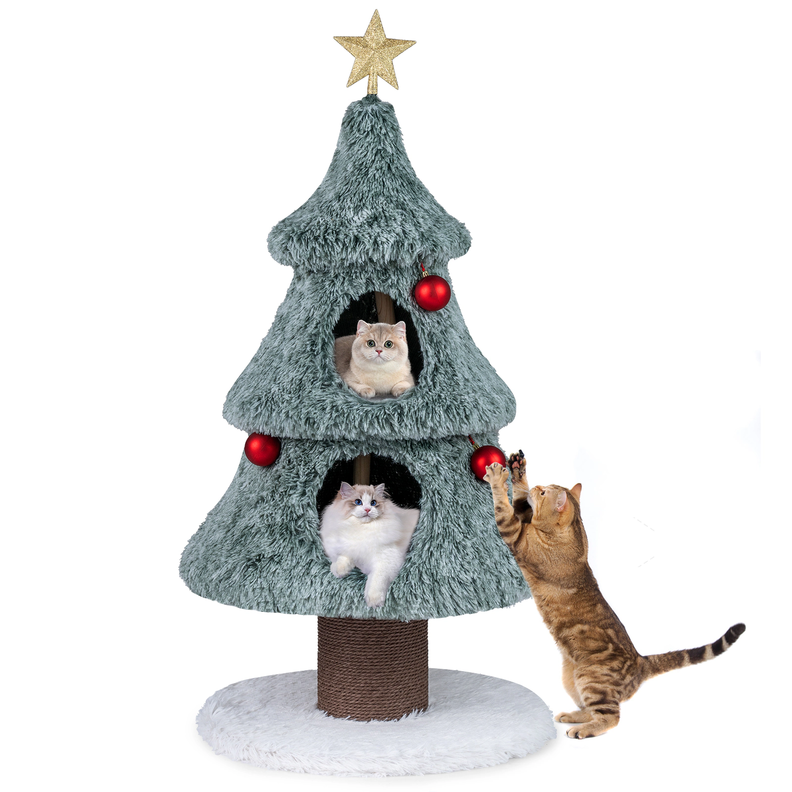 SUGIFT Frost-Kissed Christmas Cat Tree Tower with 2 Large Condos and Scratching Post 48.43-in Tall Green White Brown