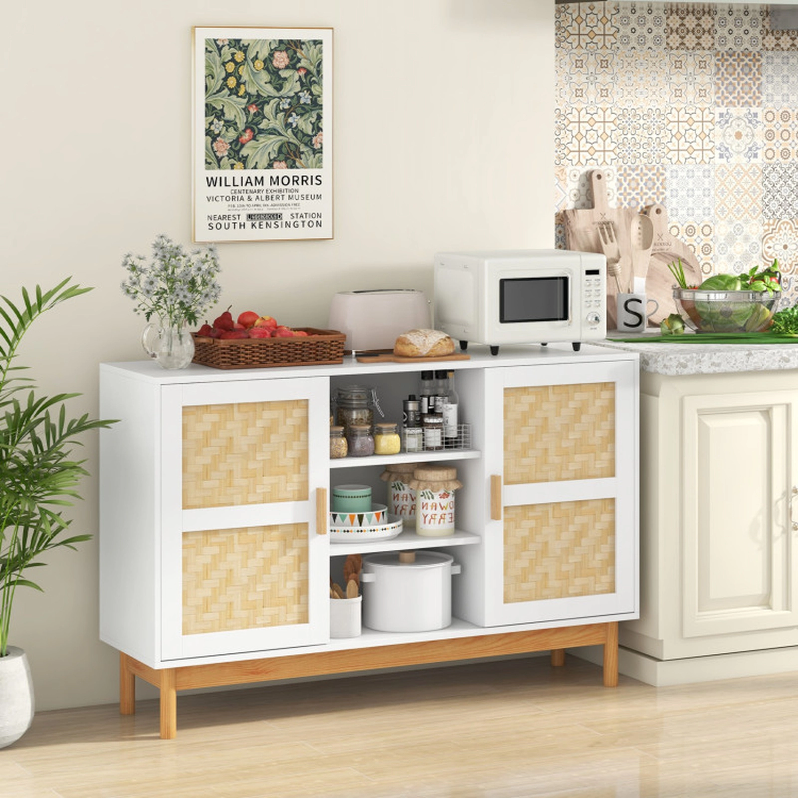 SUGIFT 2 Bamboo Woven Doors 3 Open Shelves Wood Legs Sideboard Cabinet 48-in x 14-in x 31-in 310-lb Capacity White