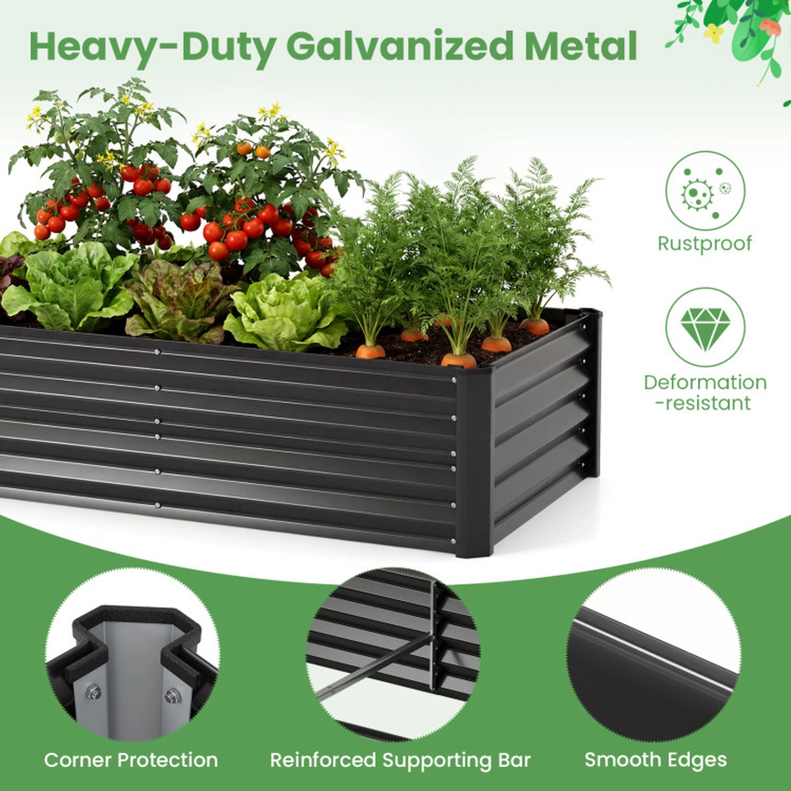 SUGIFT Black Small Galvanized Raised Garden Bed with PVC Greenhouse Cover 4-ft W 2-ft D 3-ft H 57-Gal Capacity
