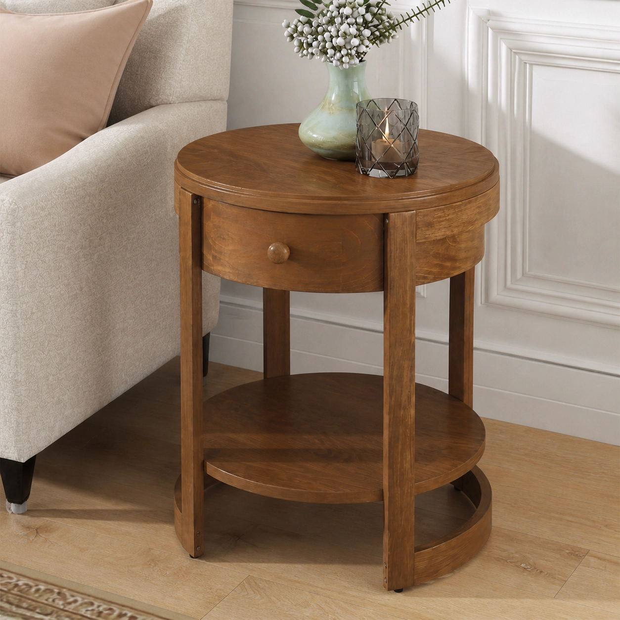 SUGIFT Set of 2 Round Oak Nightstands, 24-Inch 2-Tier Mid-Century Side Tables with Drawer and Open Shelf