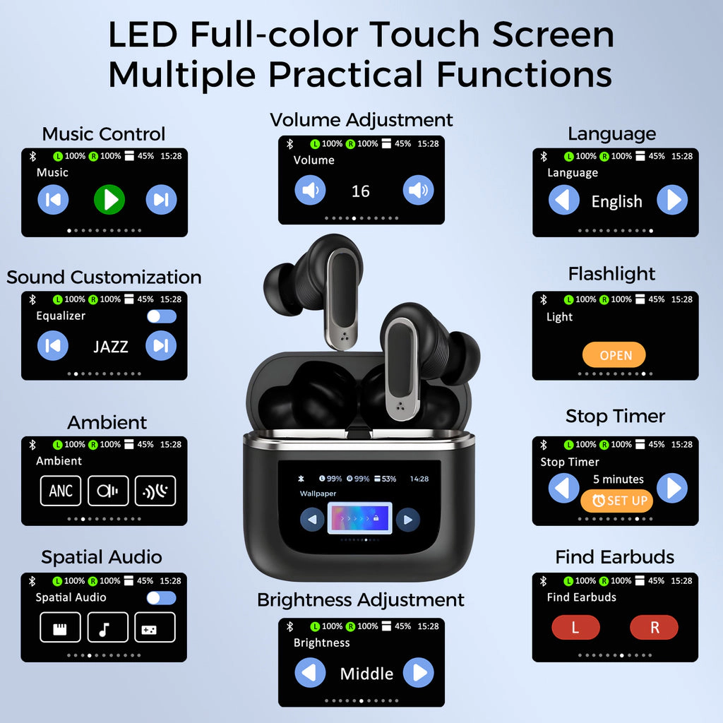 Alpha Digital - Unisex - Bluetooth 5.3, LCD Touch Screen, TWS, 32Hr Battery - Earbuds