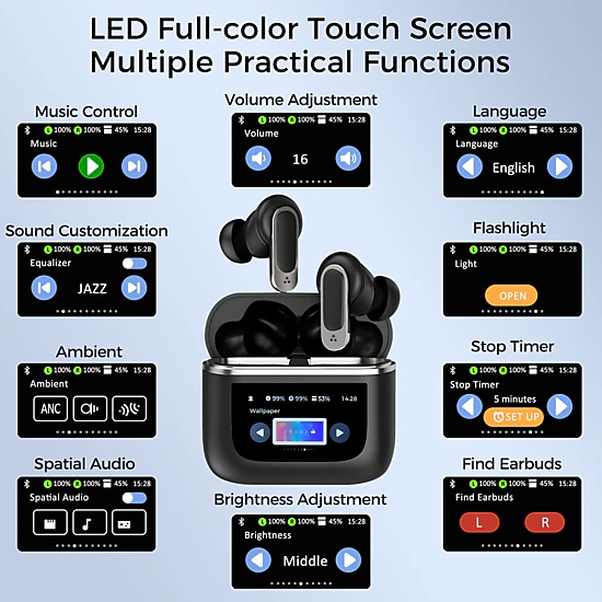 Alpha Digital - Unisex - Bluetooth 5.3, LCD Touch Screen, TWS, 32Hr Battery - Earbuds