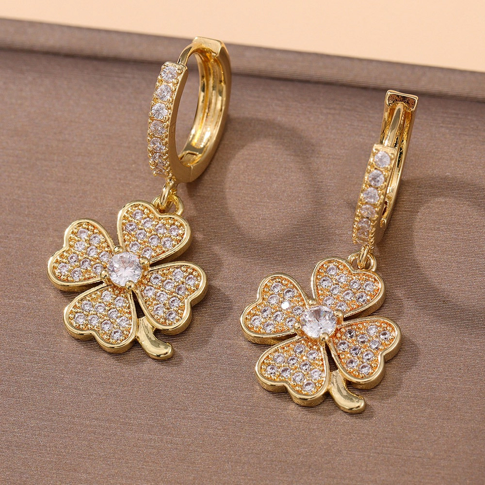 Pave CZ Four Leaf Clover Dangle Huggie Earring