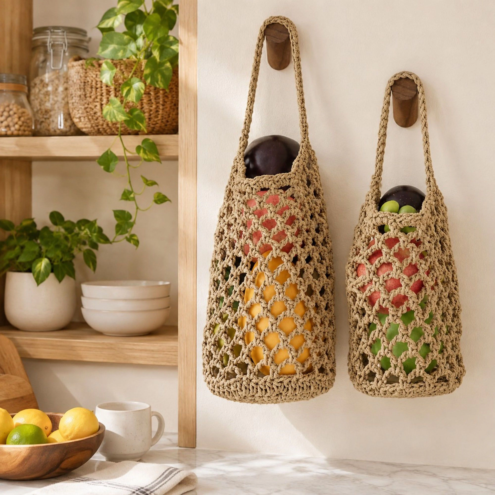 Alilang Women Macrame Hanging Produce Basket Set Woven Cotton Rope Storage Organizer