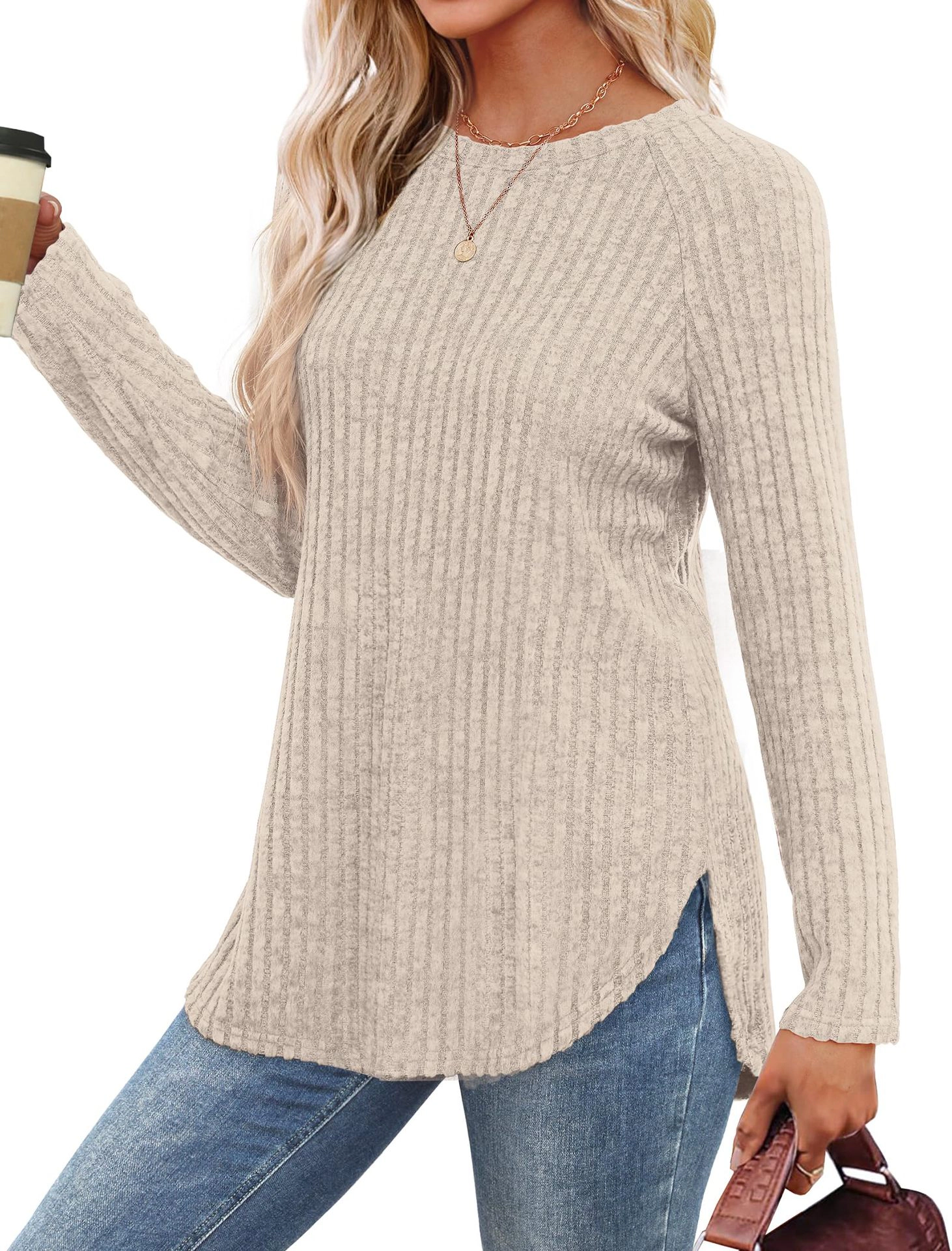 Women's Crewneck Curved Hem Loose Fit Long Sleeve Pullover Sweater Tops